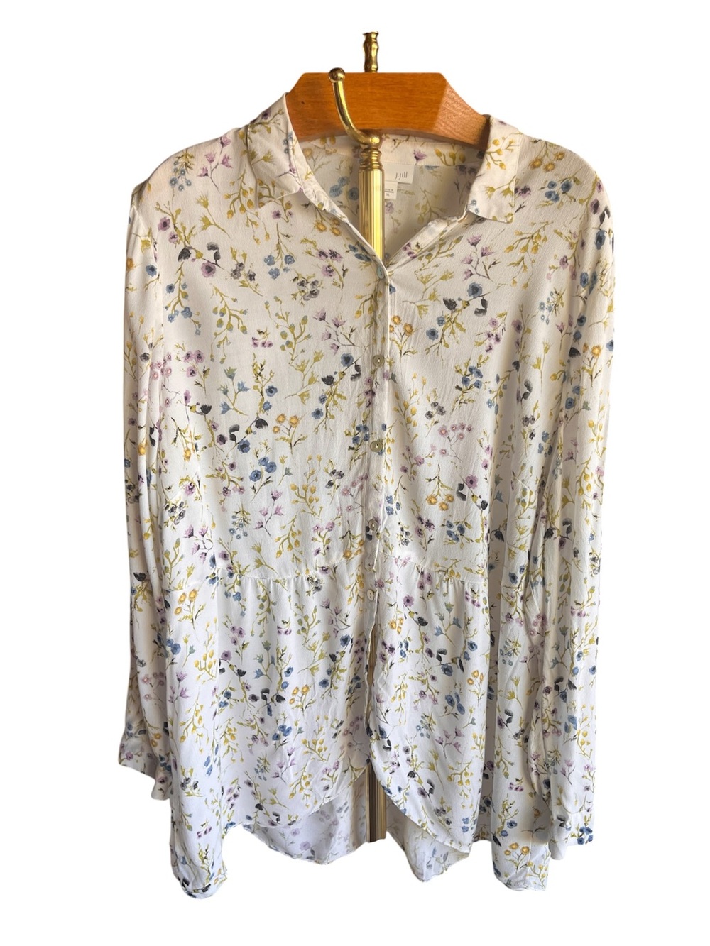 J. Jill White Floral Button-Front Tunic High Low Hem Pastel Blooms XL